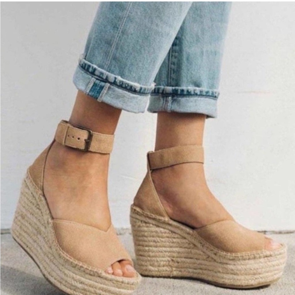 NWT Soludos Positano Scale Suede Ankle Strap Espadrille Wedge Sandals in Sand 8